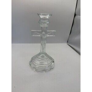 Clear Glass Christ Jesus Catholic Crucifix Cross Candlestick Candle Holder 7 1/8